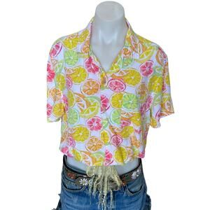 Lemon Citrus Print Button Down Crop Top One Size Boxy Shirt Retro 80s Unique